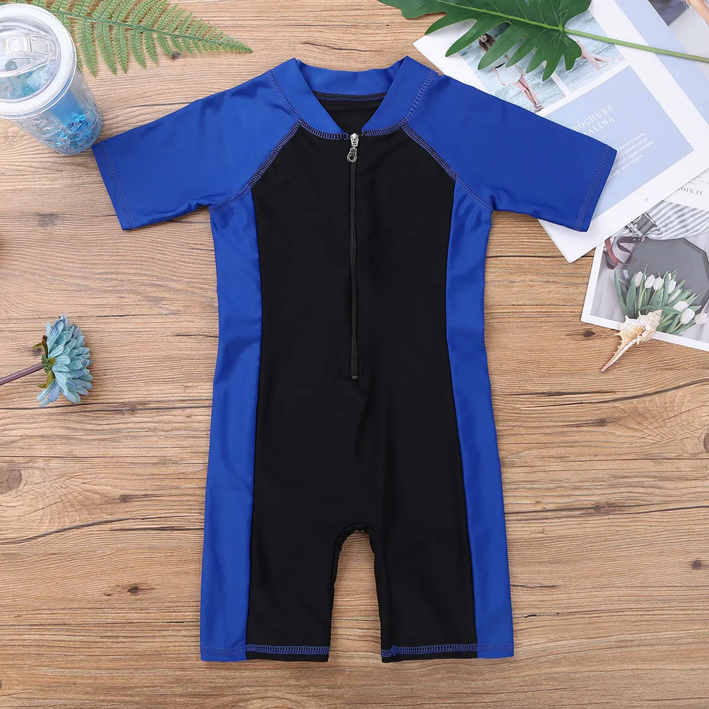 Kids Boys Girls One-piece Suits Rash Guards for Surfing Short Sleeves Zippered Shorty Wetsuits Swimsuit Swimwear Bathing Suits