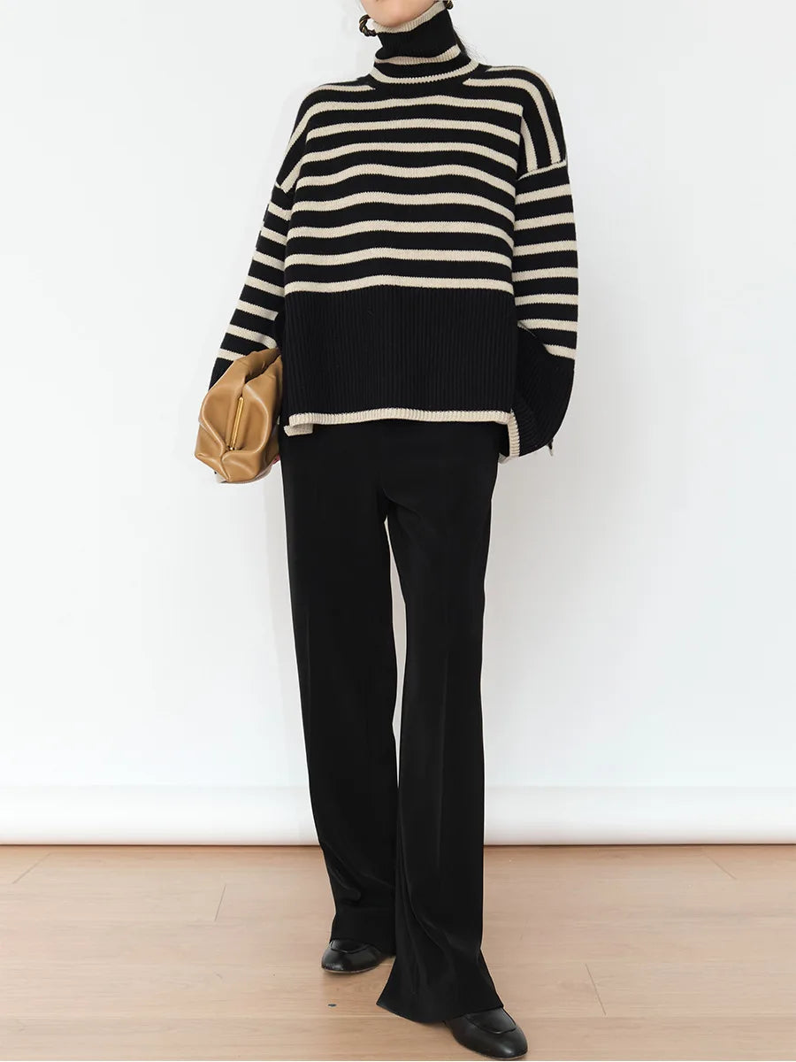 Striped High Neck Sweater for Women's New Autumn Loose Design Sense Knitted Shirt Color Matching Pullover Sweater