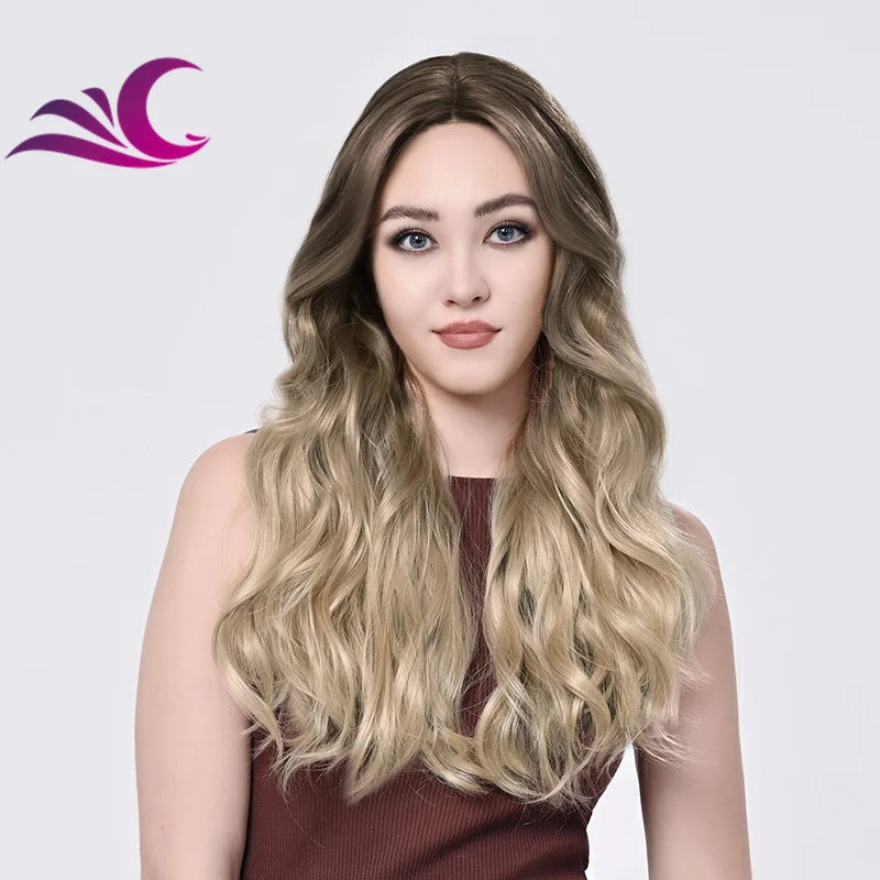 Highlight Mix Ice Blonde Ombre Colorful Middle Part Wig Long Wavy Pre-Plucked Synthetic Lace Front Wig