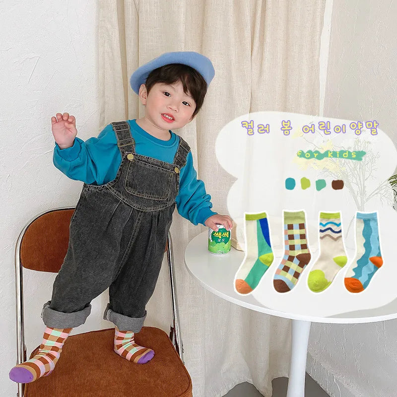 4 Pairs/lot Spring New Kids Socks Korean Cartoon Baby Boys Girls Cotton Socks 1-8Years Children Sports Socks
