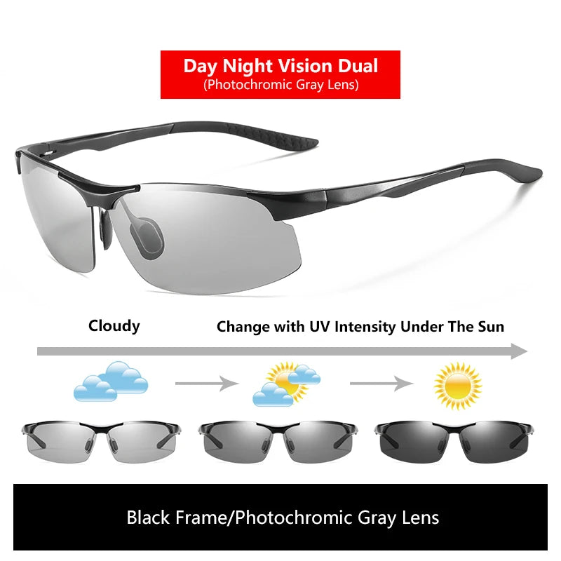 Sunglasses For Men Fashion Day Glasses For Night Vision Photochromic Outdoor Driving Rimless Male Polarized UV400 Lens VT2173