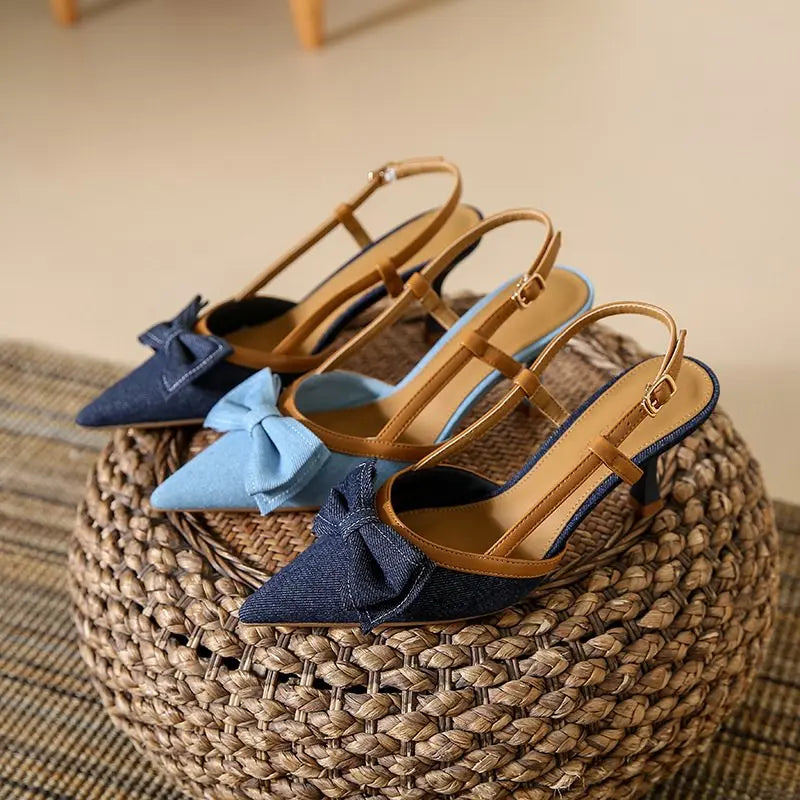 Korean Style Zapatos Luxury 2025 Slingback Fashion Shoes Pointed Heels Women's Pumps Para Damas Bow Thin Heels D'orsay Pumps PU