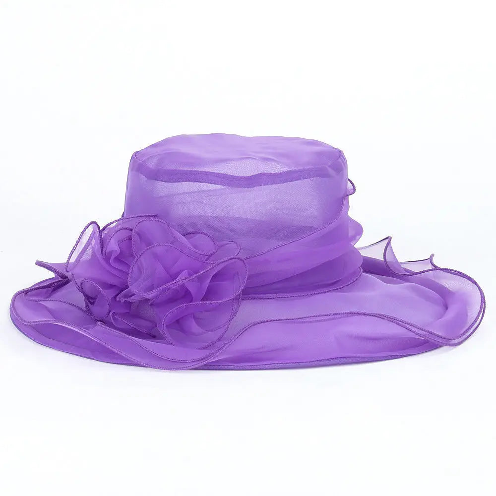 Wedding Hat for Women Elegant Flower Mesh Sunscreen Kentucky Derby and headgear Church Organza Purple Sunhats