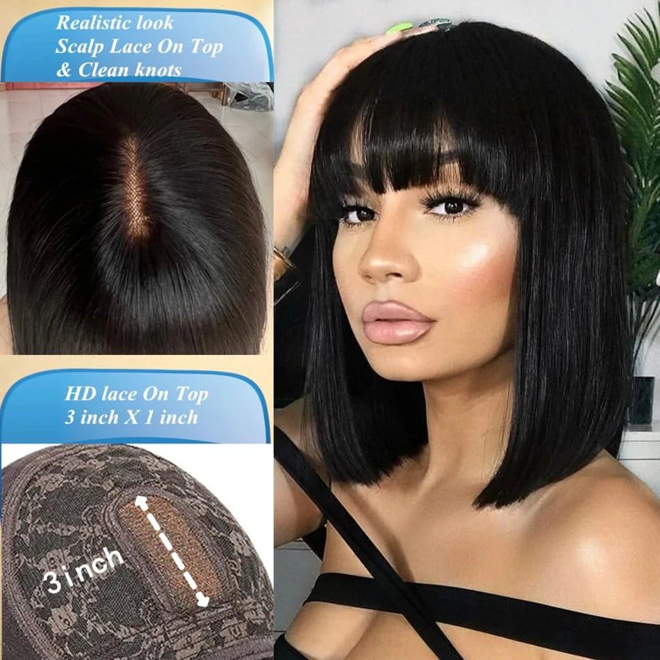 3X1 Full & Short Bob Wig Glueless Brazilian Human Hair Machine Made Bone Straight with Bangs for Women