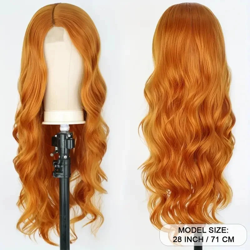 Synthetic Lace Front Wig for Women, Ginger Orange Long Curly Wavy Middle Part High Temperature Fiber Wig