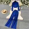 Fashion Sweater Set Women's Loose Casual Retro Lapel Short Long-sleeved Sweater Women's High-waisted Wide-leg Pants
