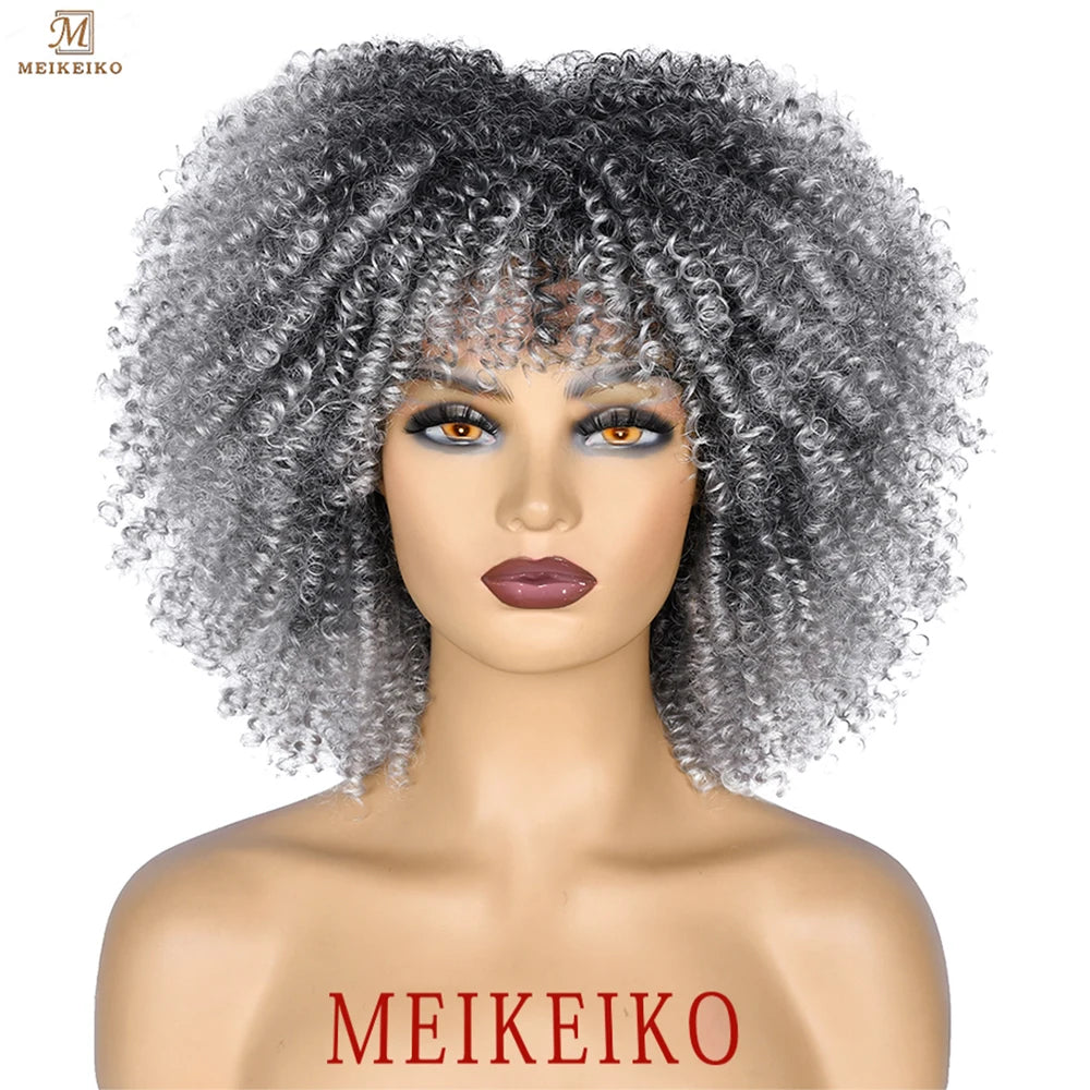 Short Hair Afro Kinky Curly Wigs With Bangs African Synthetic Ombre Glueless Cosplay Wigs for Black Women High Temperature