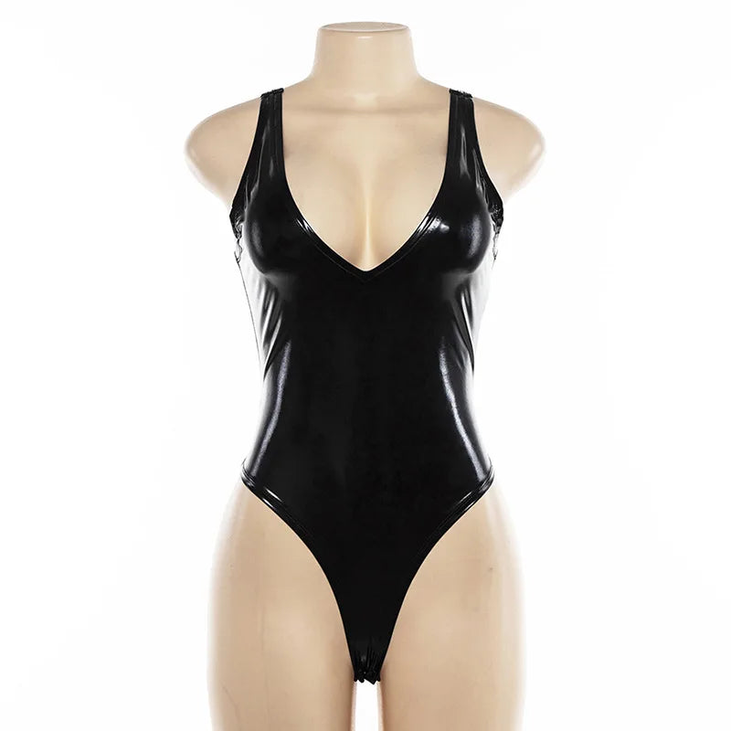 Leather Black Bodysuit Women Female 2021 V-Neck Backless Jumpsuit Sexy Bodycon Bodys Summer Pu Black Bodysuits Female
