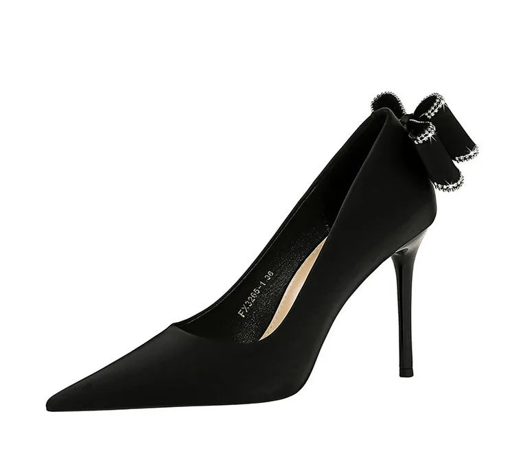 Designer Women's Pumps 20023 Satin Bow Shoes Female Sweet Stiletto Heels for Ladies