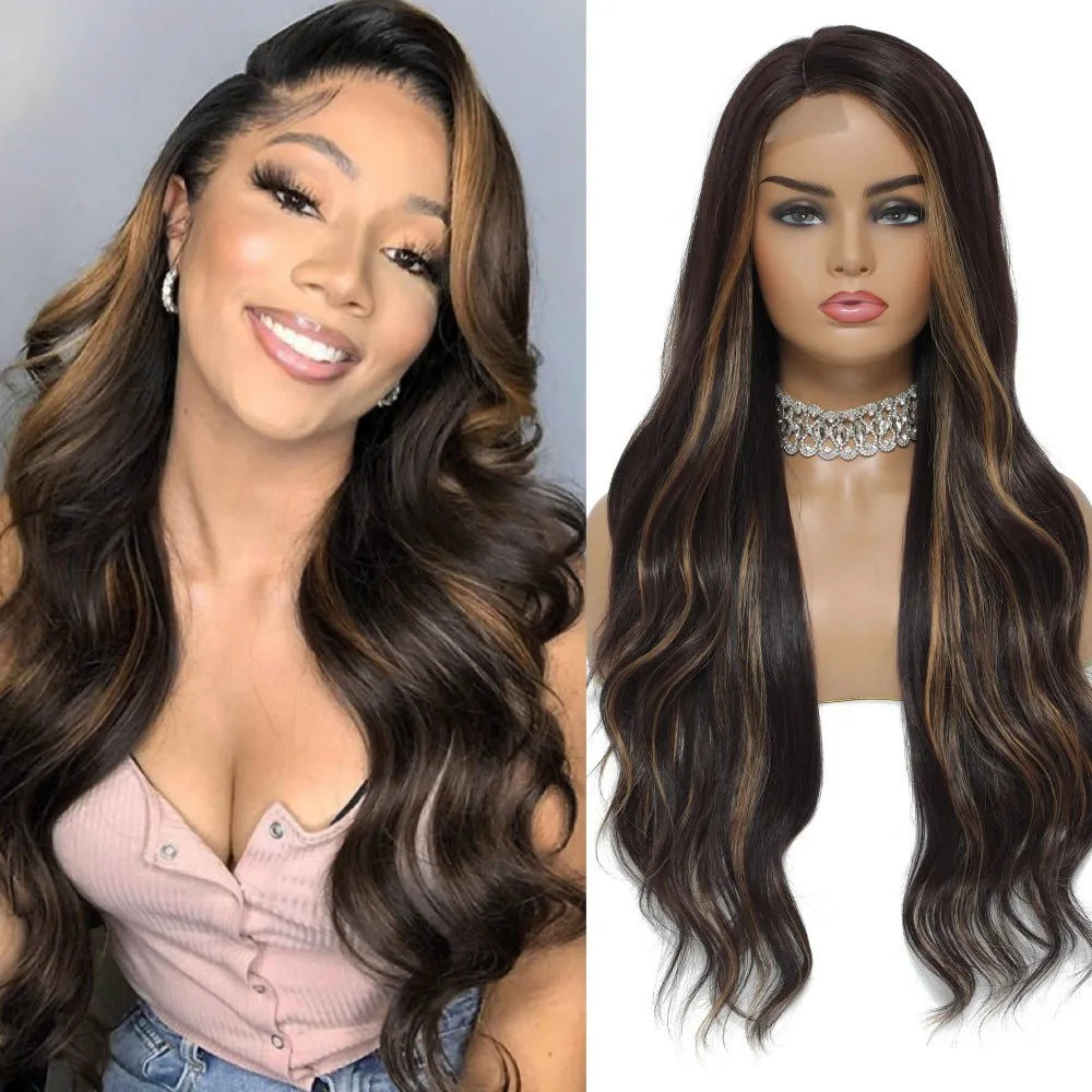 Synthetic Lace Front Wig for Women, Ginger Orange Long Curly Wavy Middle Part High Temperature Fiber Wig