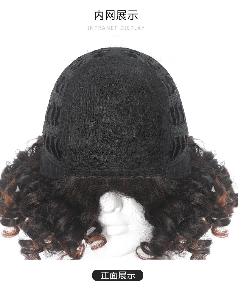 Synthetic  With Bangs Black Red Hair Shoulder Length Heat Resistant Fiber for Africa America Black Women  Afro Kinky Curly Wig