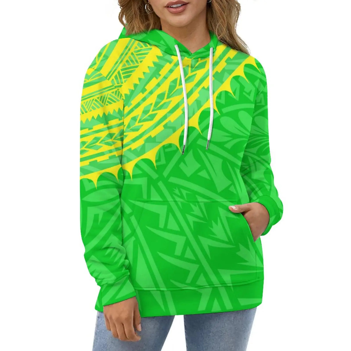 Unisex Essentials Hoodie Polynesian Tribal Tattoo Design Lime Green Men Hoodies