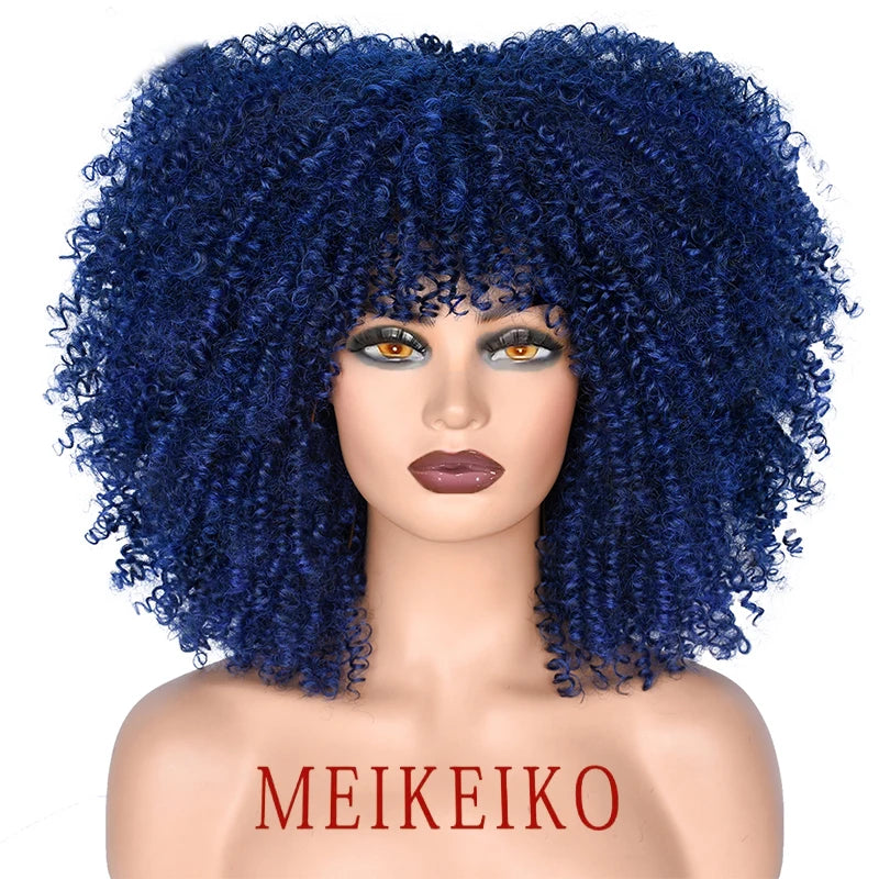 Short Hair Afro Kinky Curly Wigs With Bangs African Synthetic Ombre Glueless Cosplay Wigs for Black Women High Temperature