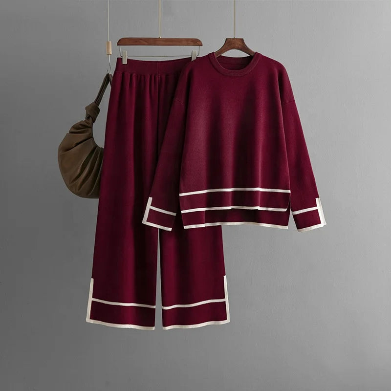 Women's Knitting Two-piece Suit Round Neck Long-sleeved Split Top+long-pants Sweater Two-piece Sets