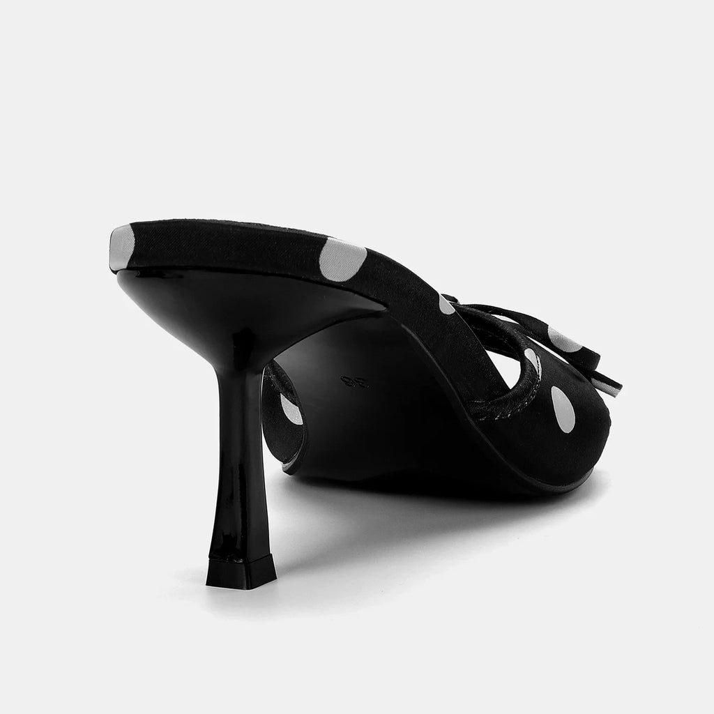 Summer Style Women's Silk Satin Shoes Bow Decoration Black White Polka Dot Open-Back High Heel Sandals Shallow