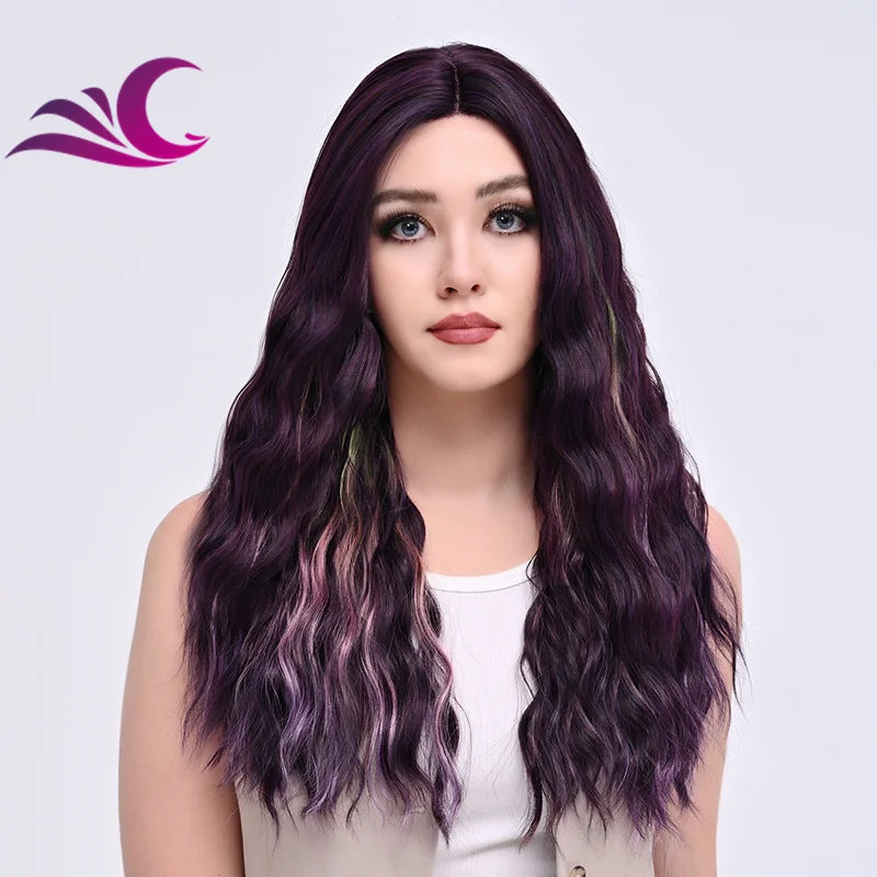 Highlight Mix Ice Blonde Ombre Colorful Middle Part Wig Long Wavy Pre-Plucked Synthetic Lace Front Wig