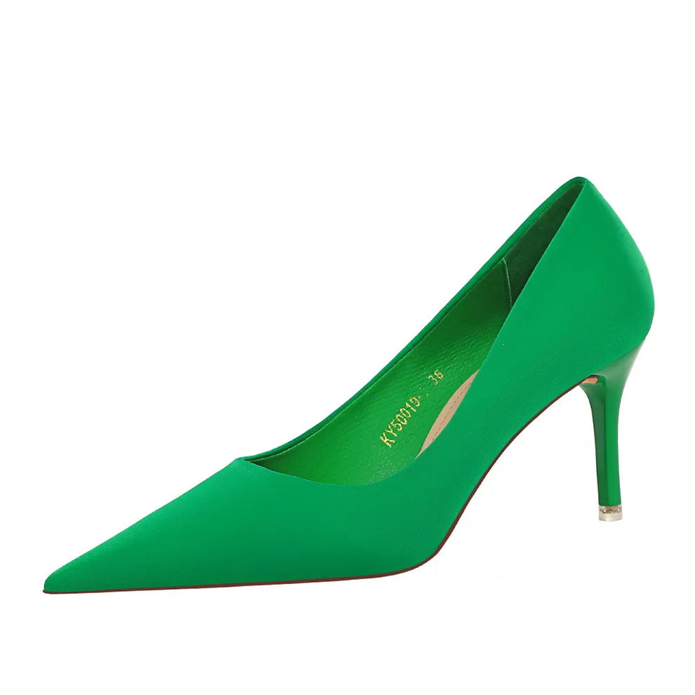 18249-A2 BIGTREE European and American Fashionable Women's Shoes Simple Shallow Mouth Silk Women's High Heels