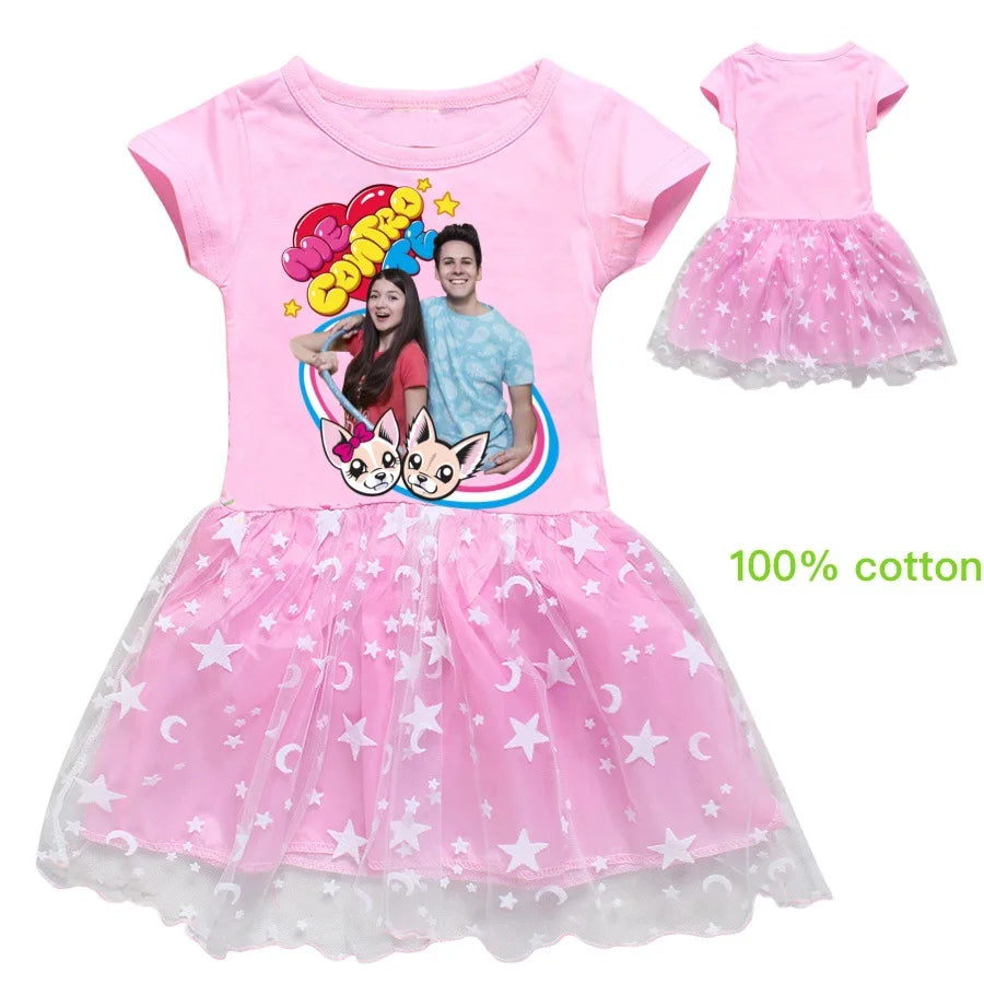 Fashion Me Contro Te Kids Clothes Knee-Length Dresses Cute Cotton Gauze Full Dress Teenagers Cartoon Baby Girls Party Clothing