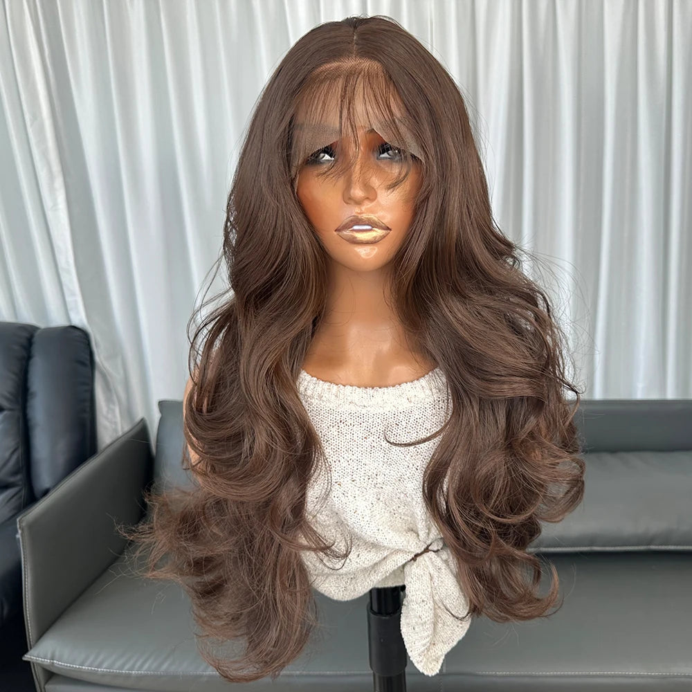 Long Body Wavy Brown Wigs Futura Fiber Hair 13X4 Heat Resistant Synthetic Lace Front Wigs for Black Women Pre-plucked Hairline