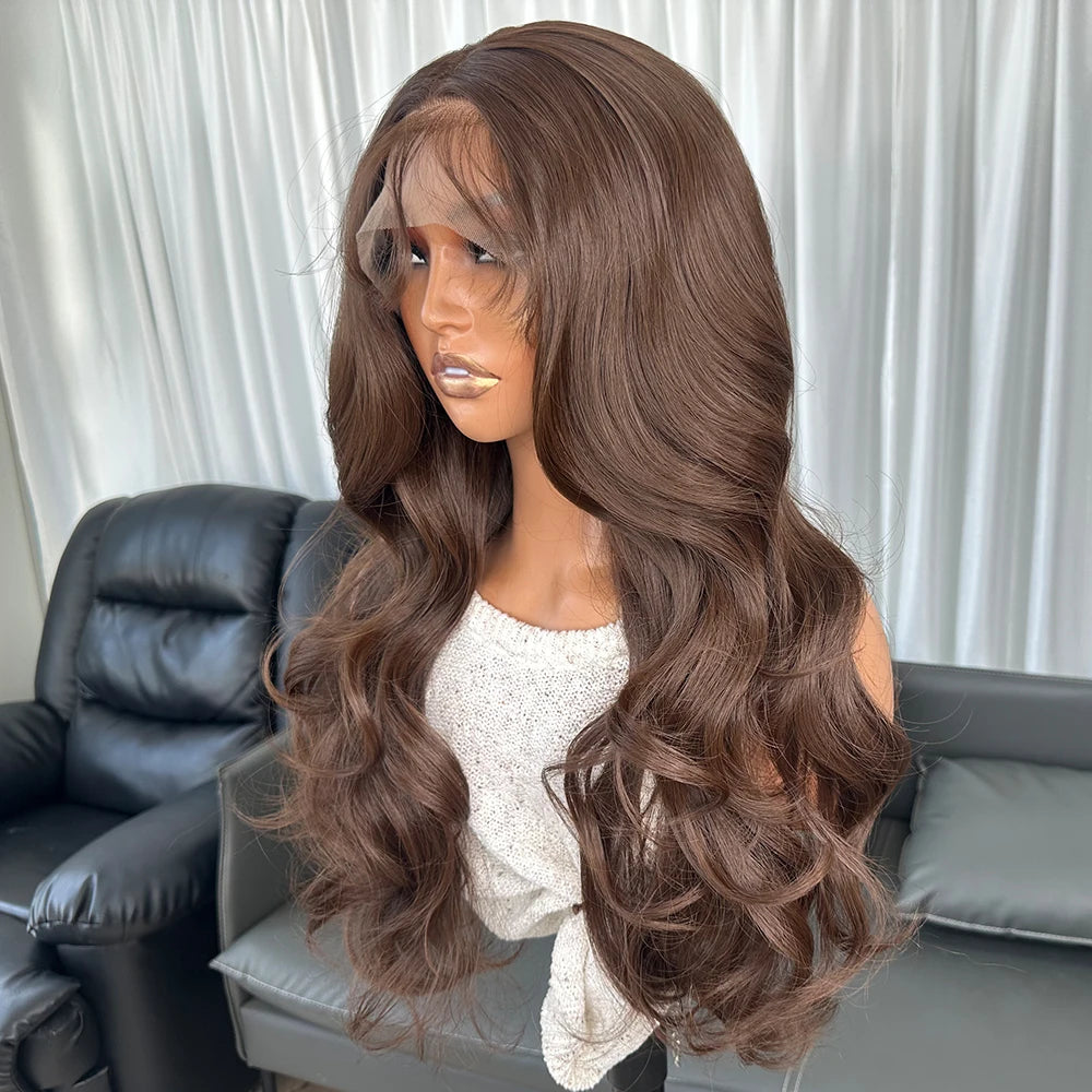 Long Body Wavy Brown Wigs Futura Fiber Hair 13X4 Heat Resistant Synthetic Lace Front Wigs for Black Women Pre-plucked Hairline