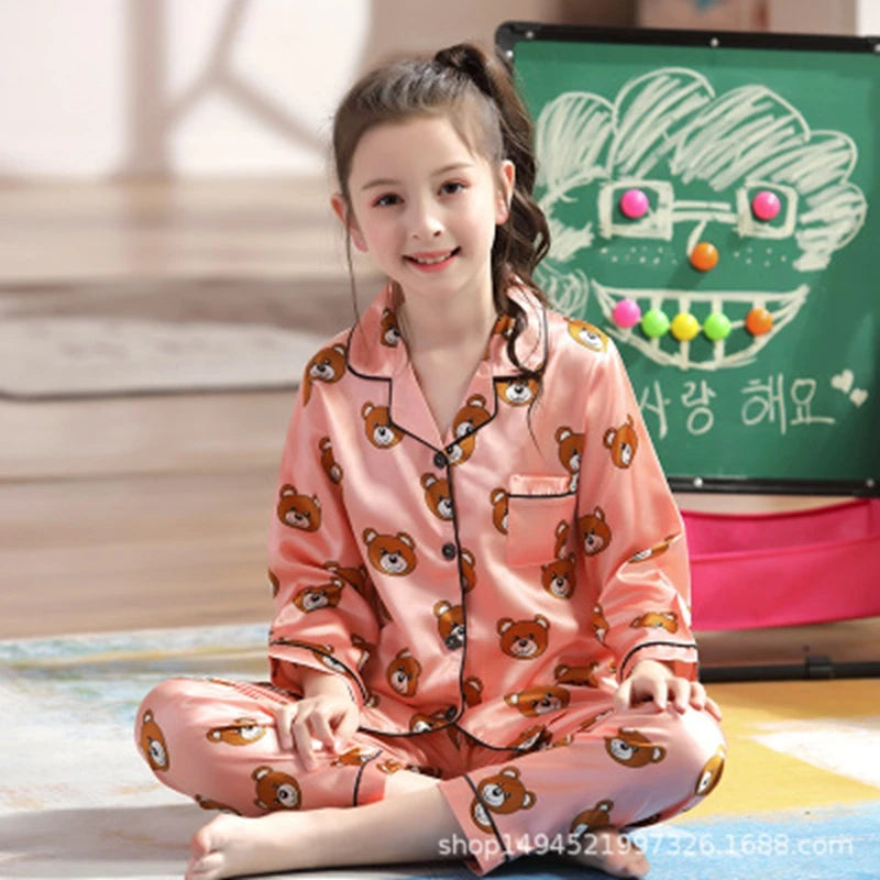 New Lapel Printed Set Long-Sleeved Pajamas Set Girls Bear Cartoon Children's Home Wear Toddler Boy Pyjamas Pjs for Kids
