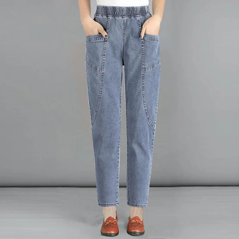 Women Plus Size 4xl Casual Denim Ankle-length Pants Vintage Mom Baggy Vaqueros Elastic High Waist Spring Summer Harem Jeans