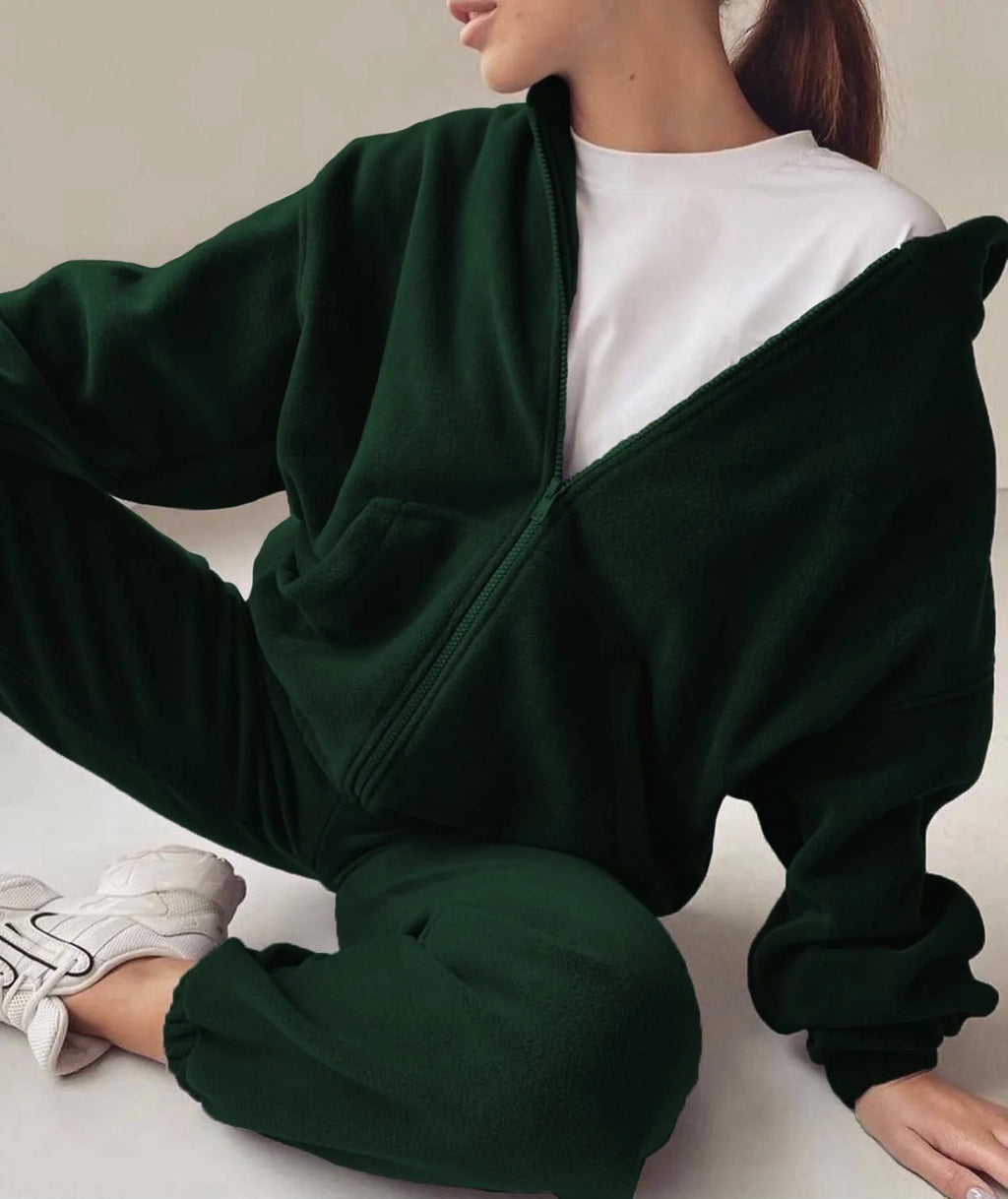 2025 Casual Women Fleece Hoodie Two Piece Sets Hooded Zipper Outerwear And Harem Pant Suit Winter Fashion Streetwear Tracksuit