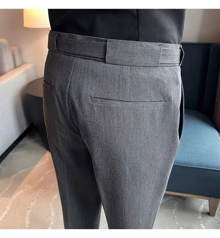 Men Casual Suit Pants Business Pockets Outdoor Button Zipper Casual Slim Suit Trousers British Style Long Pencil Cropped Pants