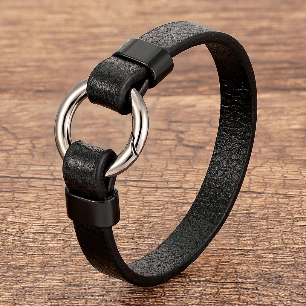 Trendy Genuine Leather Men's Jewelry Gold Color Metal Round Spring Clasp Simple Leather Rope Bracelet For Women Male Gifts