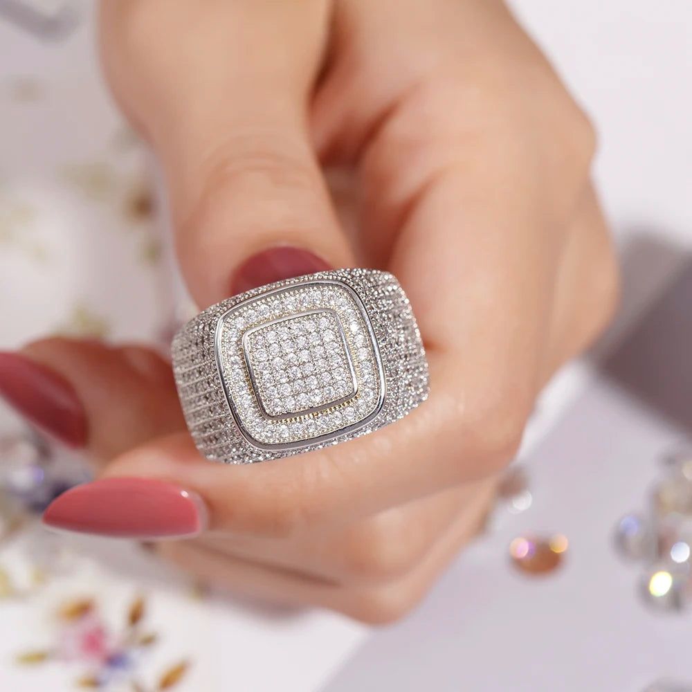 Luxury Hip Hop Micro Pave sona Diamond Stones All Iced Out Bling Ring Big 925 Sterling silver Rings for Men Jewelry gift