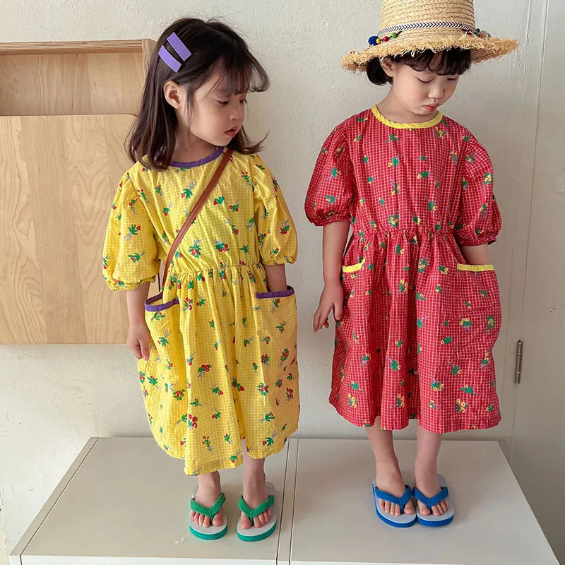 Kids Dresses Floral Girls Dress for Girls Short  Sleeve Kids Clothing