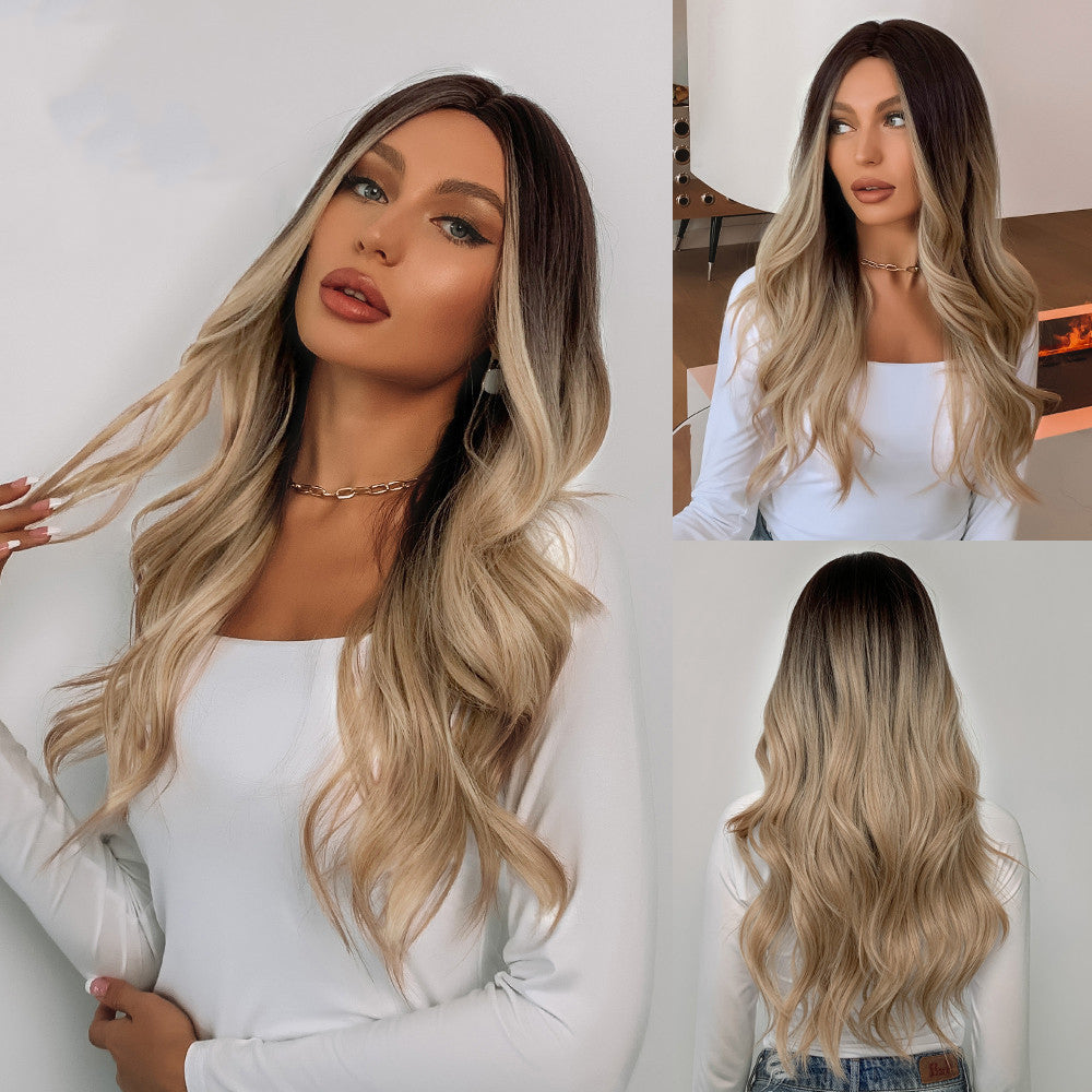 26inch Synthetic Fiber Wig Factory Natural Wavy Blonde with White Highlights Ombre Water Wave Wig with Elastic Cap Real Photo