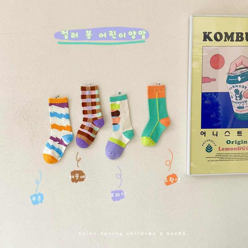 4 Pairs/lot Spring New Kids Socks Korean Cartoon Baby Boys Girls Cotton Socks 1-8Years Children Sports Socks