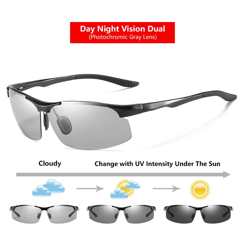 Sunglasses For Men Fashion Day Glasses For Night Vision Photochromic Outdoor Driving Rimless Male Polarized UV400 Lens VT2173