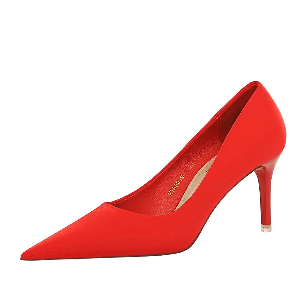 18249-A2 BIGTREE European and American Fashionable Women's Shoes Simple Shallow Mouth Silk Women's High Heels