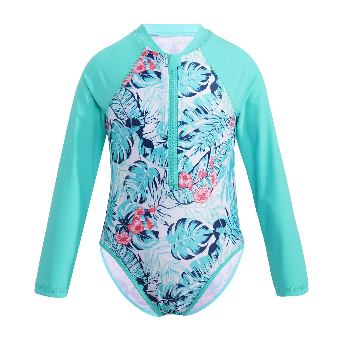 Kids Girls One-piece Swimsuit Long Sleeves Palm Printed Swimwear  Bathing Suit Sun Protection Rash Guard Surfing Diving Swim Top