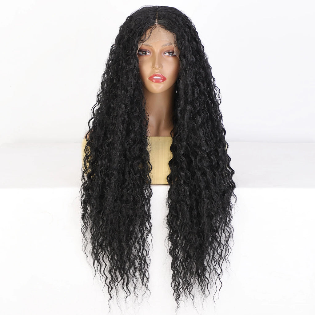 Wholesale Curly Synthetic Wig Premium Futura Fiber Heat Resistant 34inch T Part  Lace Front Glueless Cheap Wigs for Women
