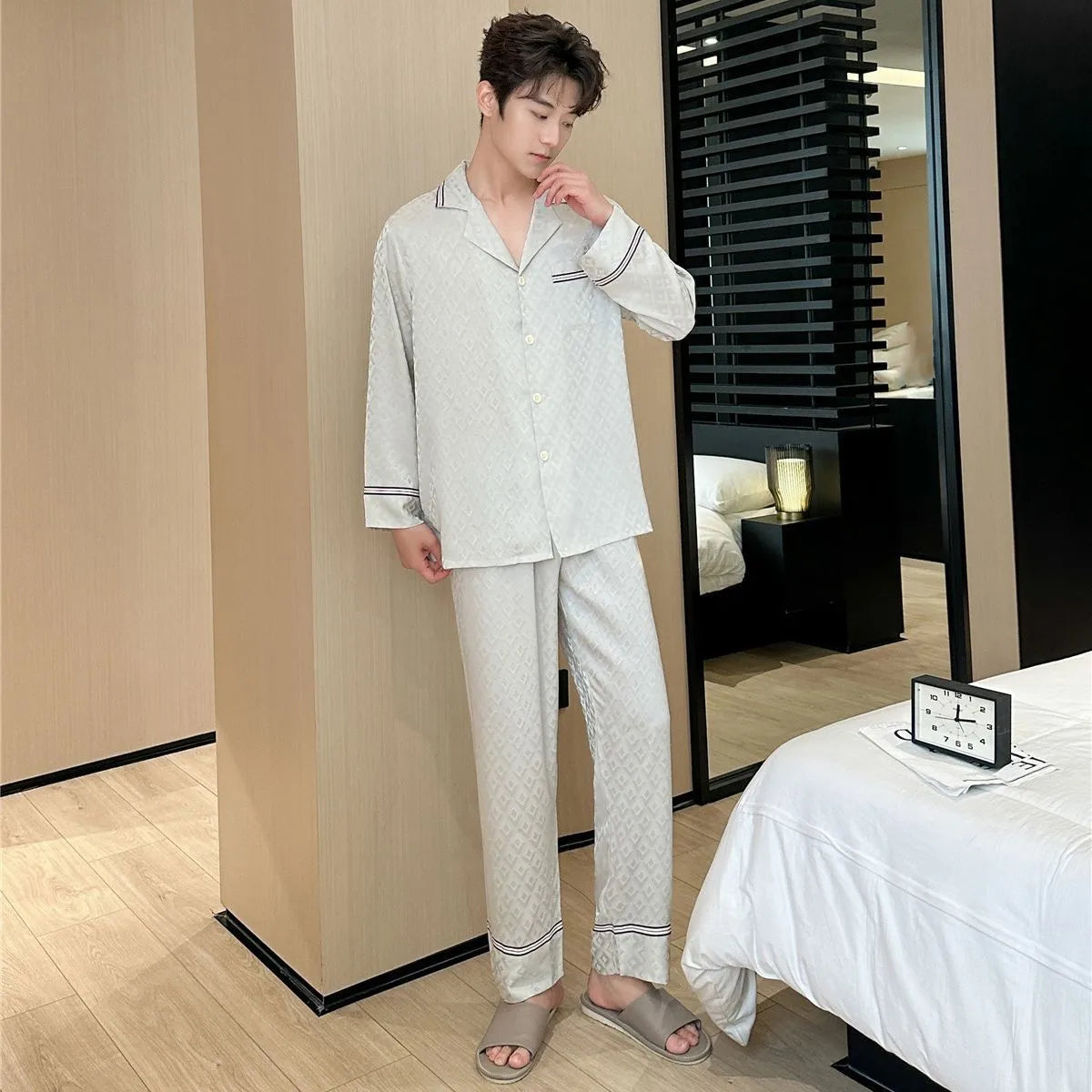 Autumn Men Silk Pajamas Satin Long Sleeve Trousers Home Wear Solid Color Jacquard Plus Size Sleepwear Boy's Thin Casual Pyjamas