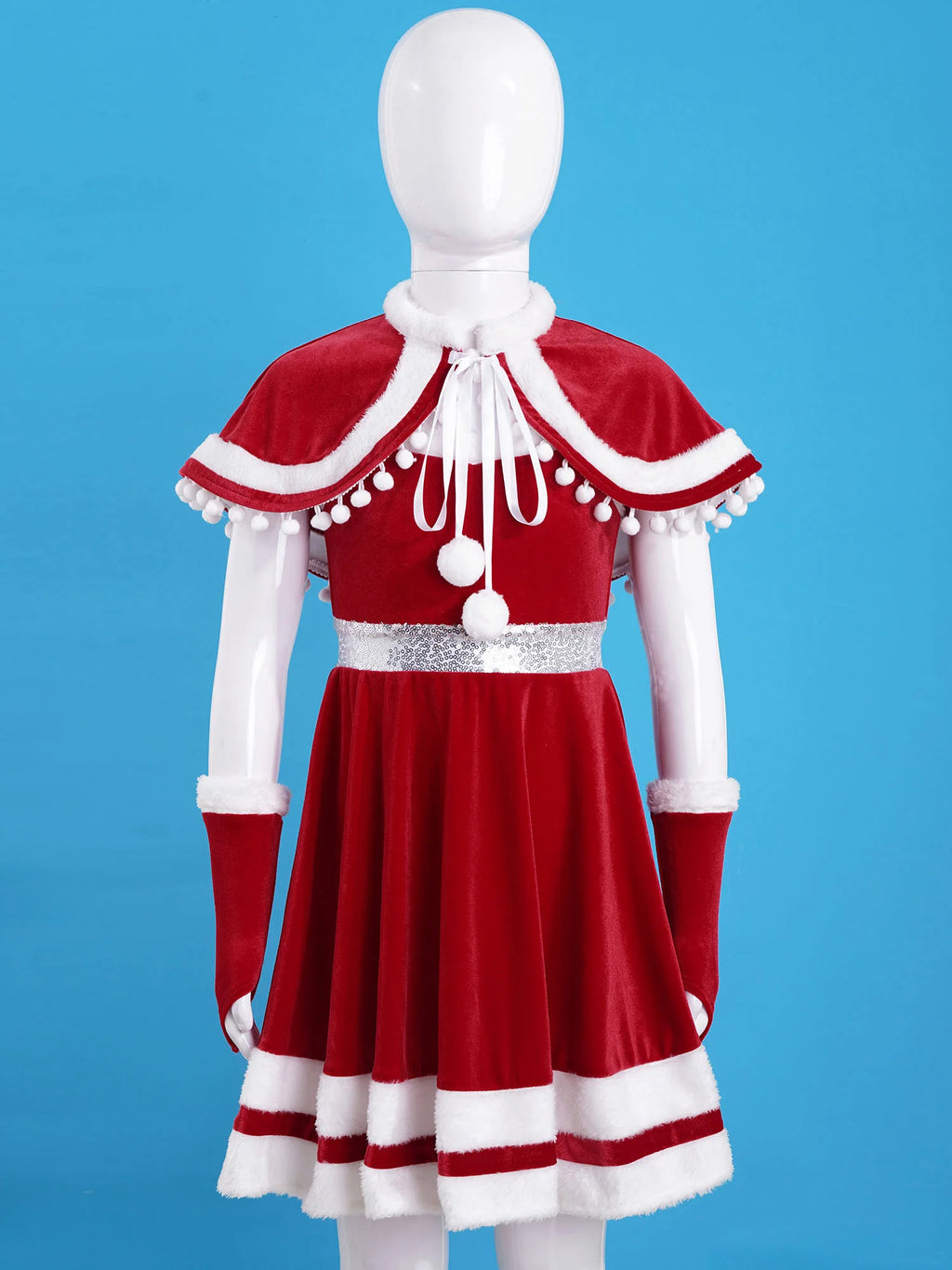 Kids Girls Christmas Dress with Cloak Arm Sleeves 3Pcs Set Santa Claus Red Velvet Tutu Dress Party Princess Dresses 4-14Y