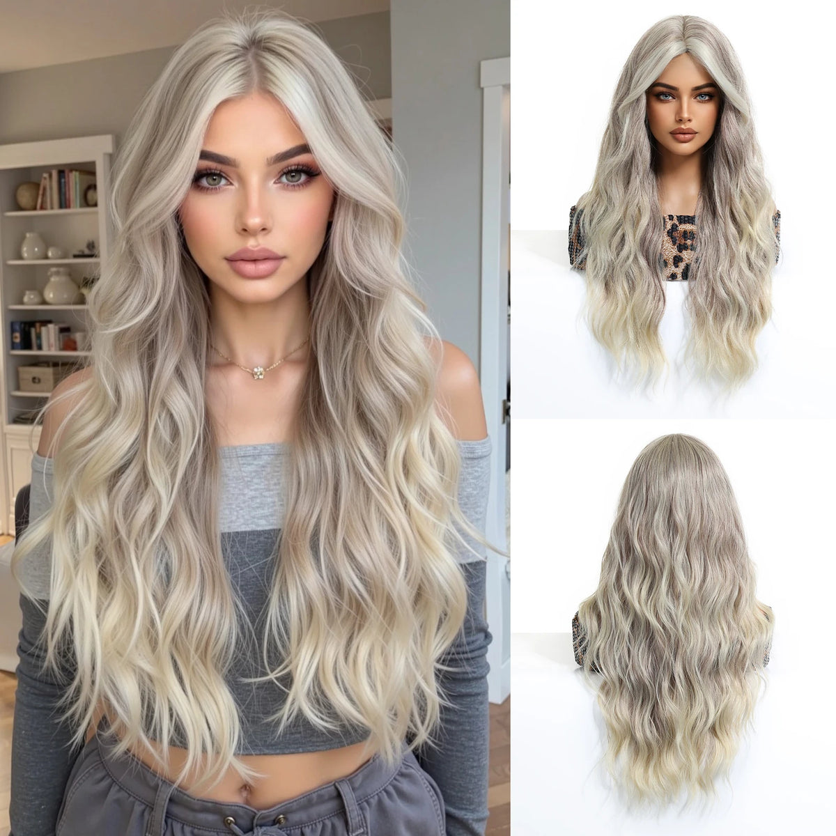 26inch Synthetic Fiber Wig Factory Natural Wavy Blonde with White Highlights Ombre Water Wave Wig with Elastic Cap Real Photo
