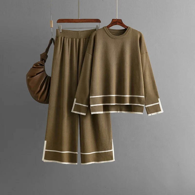 Women's Knitting Two-piece Suit Round Neck Long-sleeved Split Top+long-pants Sweater Two-piece Sets