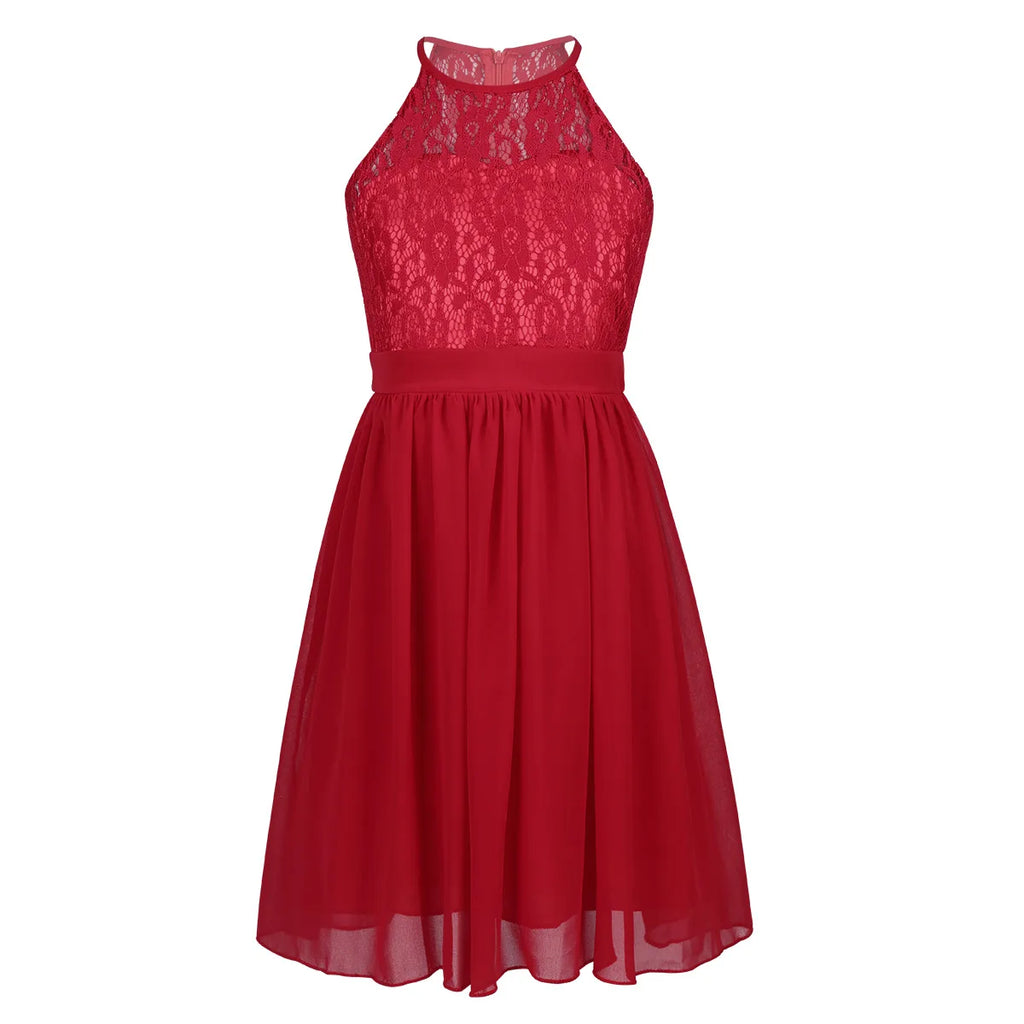 Kid Flower Girls Dress for Birthday Wedding Evening Children Halter Neck Lace Chiffon Princess Formal Party Kids Dress For Girls