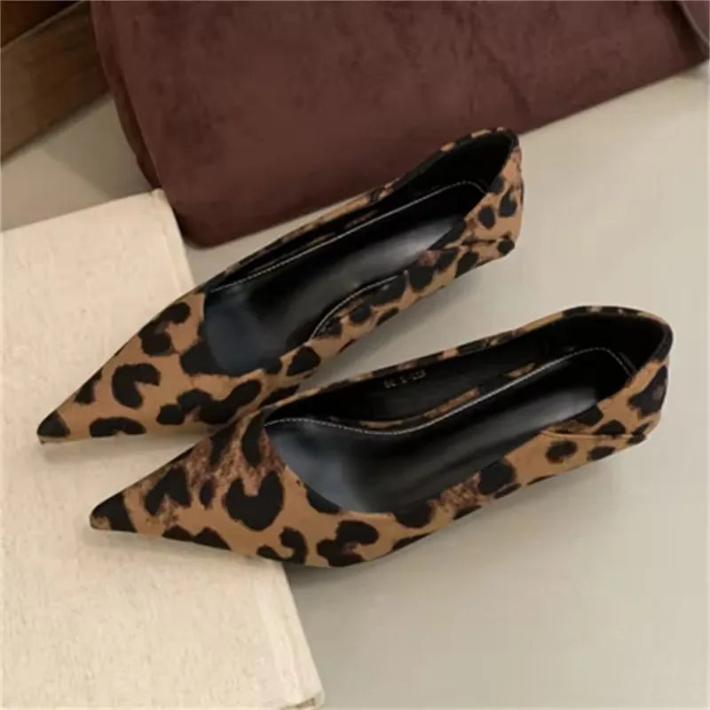 2025 Summer Latest Design Women's High Heels Sexy Leopard Pattern Shallow Mouth Hard-Wearing Platform Shoes Pointed Fashion