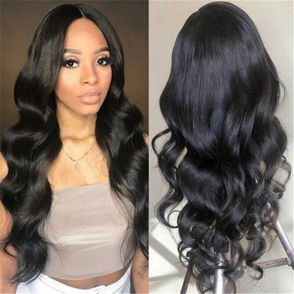 High Quality Synthetic Fiber Hair Heat Resistant Wig Long Curly Big Wave Black Front Lace Wig Average Size of Human Hair Set