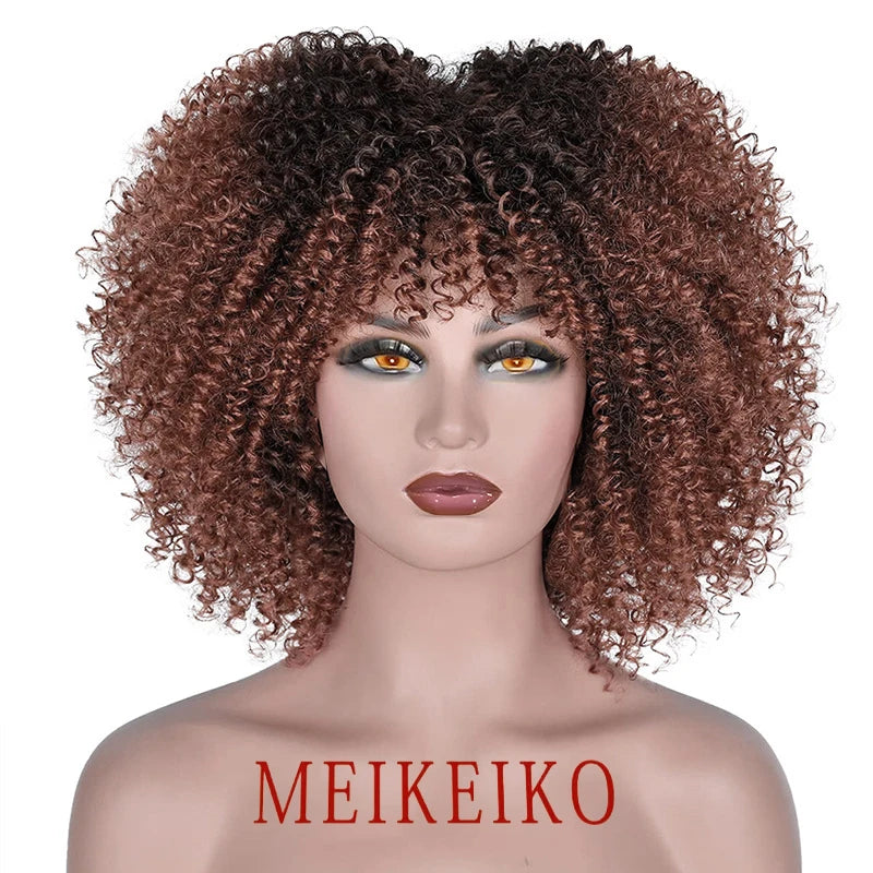 Short Hair Afro Kinky Curly Wigs With Bangs African Synthetic Ombre Glueless Cosplay Wigs for Black Women High Temperature
