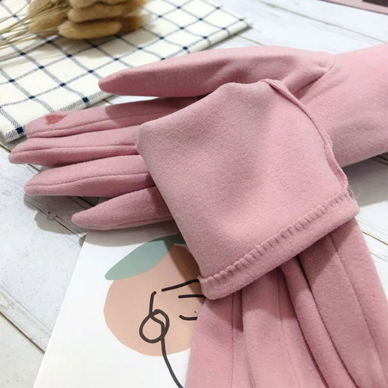 Female Winter Warm Driving Gloves Women Thin Cashmere Embroidery Elasticity Cycling Windproof Touch Screen Finger Gloves H16