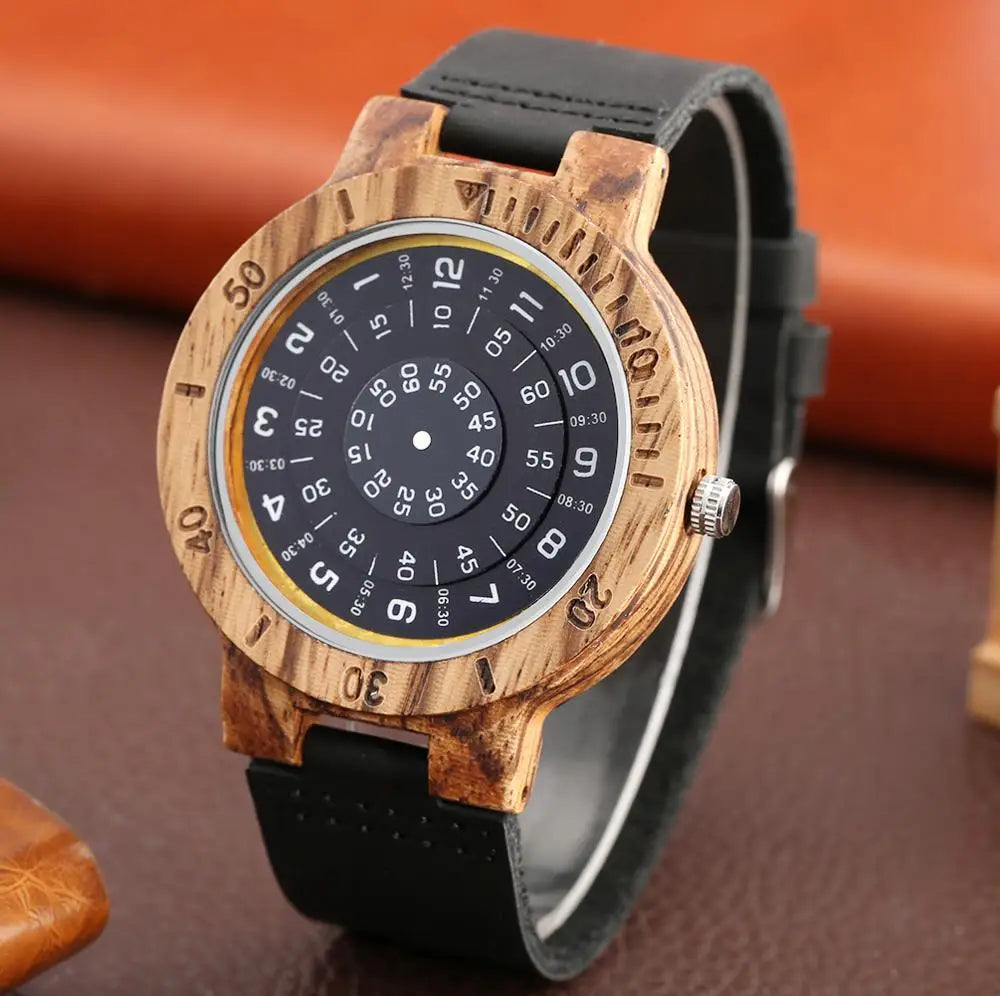 Men's Watches Unique Turntable Dial Watch Special Number Dial Wooden Watch Quartz Clock Male Unisex Leather Band Relojes Hombre