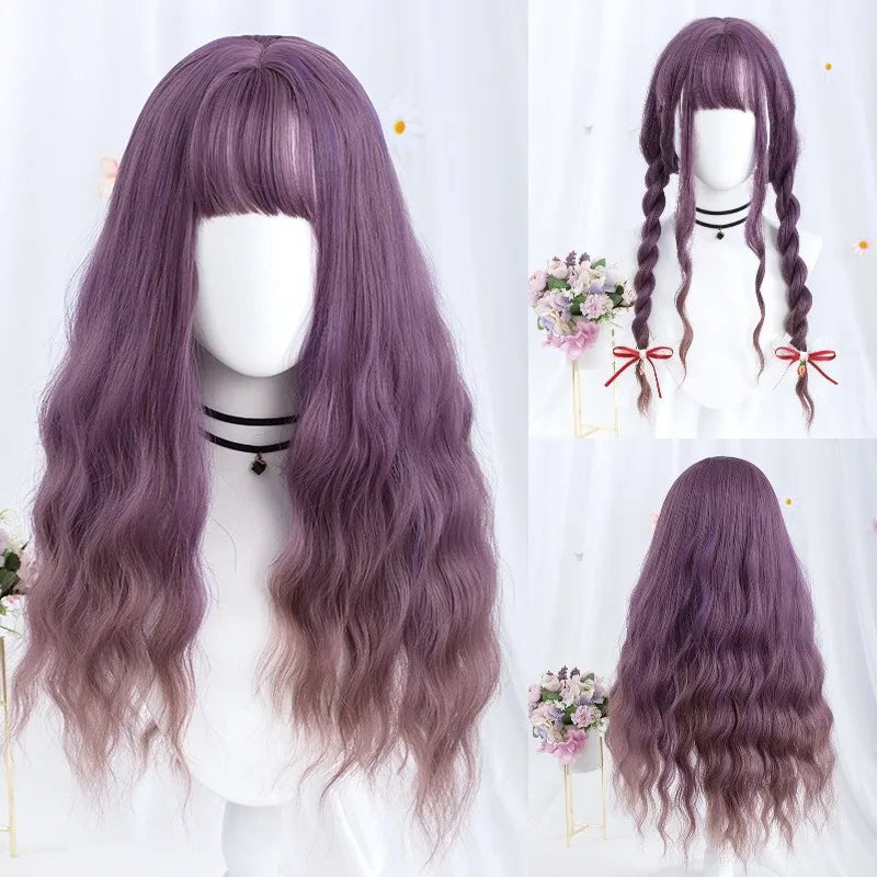 VICWIG Synthetic Hair Long Wavy Purple Green Black Blue Brown Cosplay Wig with Bangs for Women