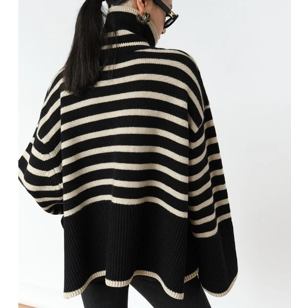 One Size Striped High Neck Sweater for Women's New Autumn Loose Design Sense Knitted Shirt Color Matching Pullover Sweater