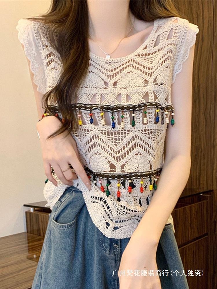 Vintage Crochet Hollow Knitted Vest Outer Wear Sling Outer Wear Blouse Holiday Style Design Sense Top 414 Flying Sleeves